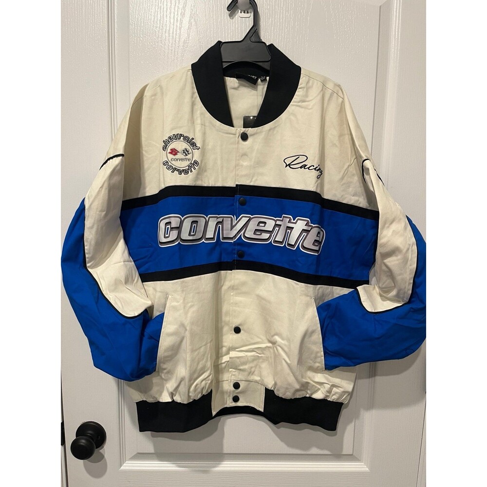 GM Chevrolet Corvette Racing Jacket Coat Blue White Snap Front Men’s Size L Chem